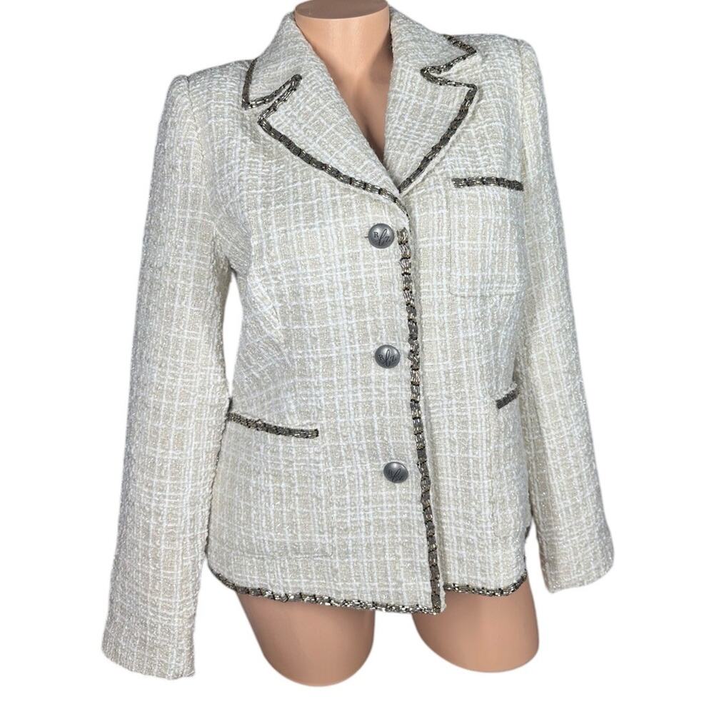 Luxe Rachel Zoe Notch Collar Button Front Boucle Jacket with Beaded Trim RLZ 12